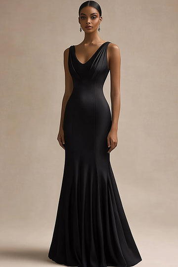 Black V Neck Mermaid Satin Long Formal Dress